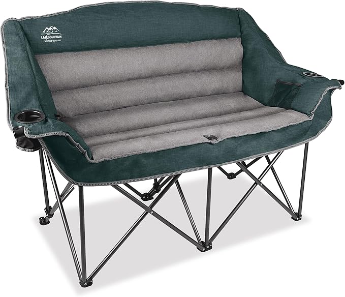 Fully Padded Folding Double Camping Chairs,Comfy Oversized Loveseat Lawn Chair w/Wine Glass Holder,Cup Holder,Heavy Duty Outdoor Portable Camp Couch Support 600 Lbs,Dark Green