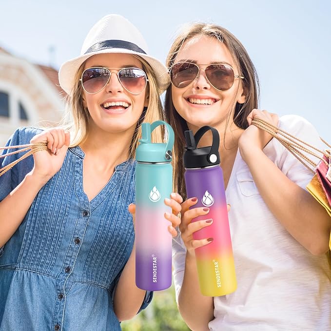 SENDESTAR Water Bottle 32oz Double Wall Vacuum Insulated Leak Proof Stainless Steel Sports Water Bottle—Wide Mouth with New Flex Straw Lid & Spout Lid (White&Tiffany)