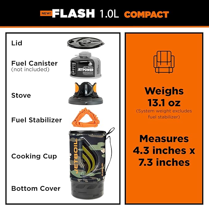 Jetboil Flash 1.0L Portable Fast Boil Stove for Camping and Backpacking with 1-Step Auto Ignition, New for 2025, Propane/Isobutane Burner with Cooking Cup