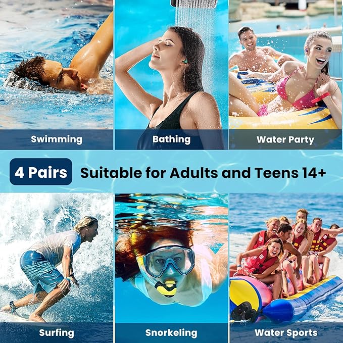 Waterproof Ear Plugs for Swimming Adults - 4 Pairs Reusable Silicone Ear Plugs for Women & Men, Keep Ear Water Out Swimming, Showering, Bathing, Surfing, Water Sports