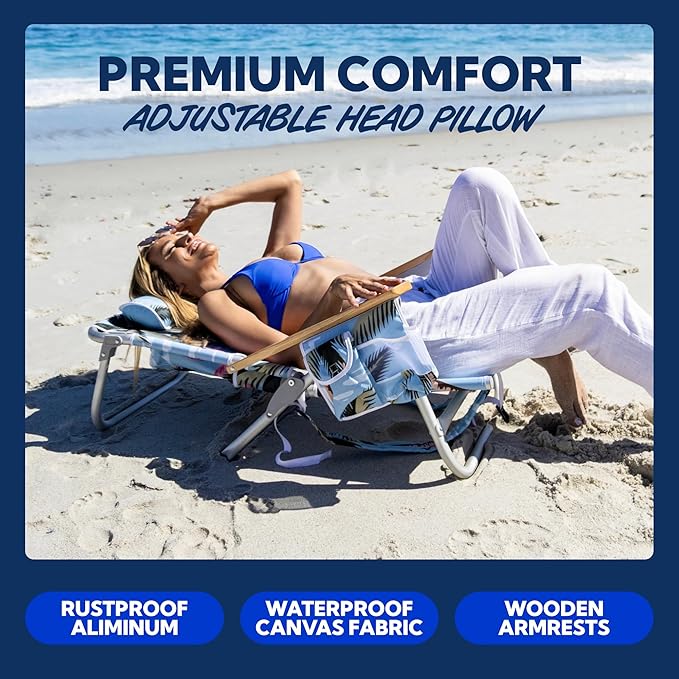 SUN NINJA Folding Beach Chair with Headrest Pillow, Low Profile Lightweight Easy Carry Beach Chair for Adults, Comfortable Wooden Armrests, Stylish Fabric Seat Patterns - Flamingo 1pc