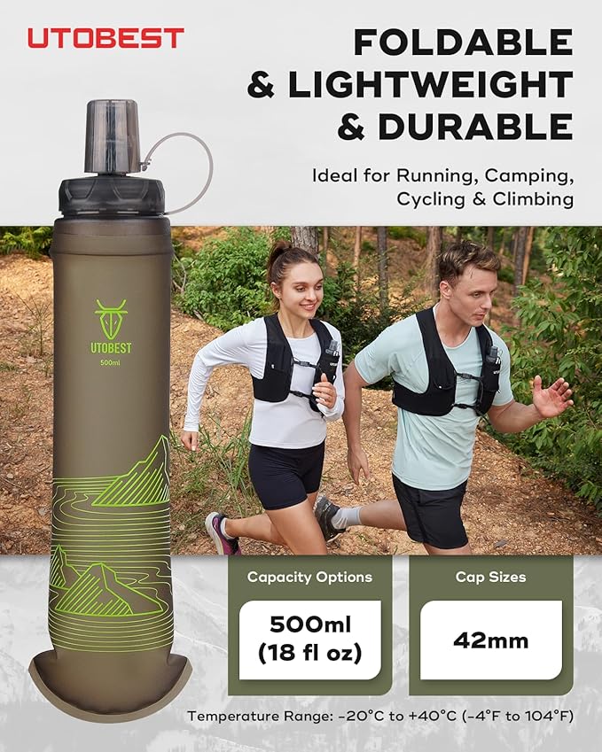 UTOBEST 500ml Soft Flask, 2 Pack Flexible TPU Hydration Water Bottle, Collapsible with 42mm Caliber for Running, Hiking, Cycling, Climbing, and Marathon Green