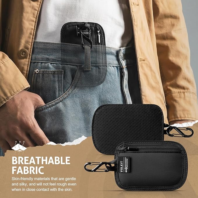 VULKIT RFID Blocking Clip Stash Pocket Small Slim Hidden Zipper Pouch Travel Safety Anti Theft Pickpocket Wallet Black