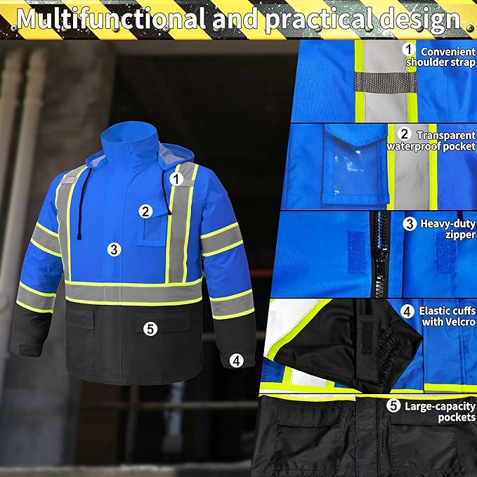 Hi Vis Rain Jacket, Rain Suits for Men with Removable Hood, Rain Coats for Men Interior Mesh, Class 3 High Visibility Rain Gear,Waterproof Zipper Blue S/M