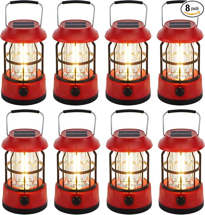 TRIROCKS Set of 8 LED Solar Camping Lantern Dimmable Rechargeable Lantern IPX3 Water-Resistant Portable Emergency Lights Outdoor Camping Lights for Camping Home Power Outage Hurricane Hiking (Red)