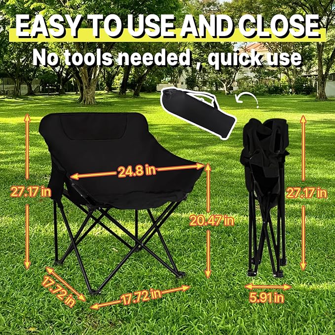 COSY105CMoon Chair Camping Chair Portable Folding Lounge Chair Lightweight Outdoor Recliner 265lbs Capacity Oxford Fabric & Aluminum Frame Includes Carry Bag for Beach Fishing Travel (Black)