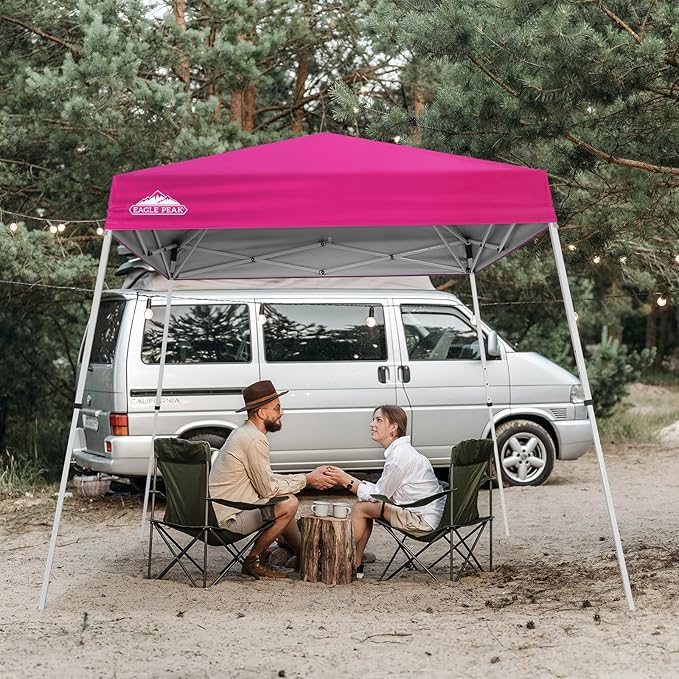 EAGLE PEAK 8x8 Slant Leg Pop-up Canopy Tent Easy One Person Setup Instant Outdoor Beach Canopy Folding Portable Sports Shelter 8x8 Base 6x6 Top (Pink)