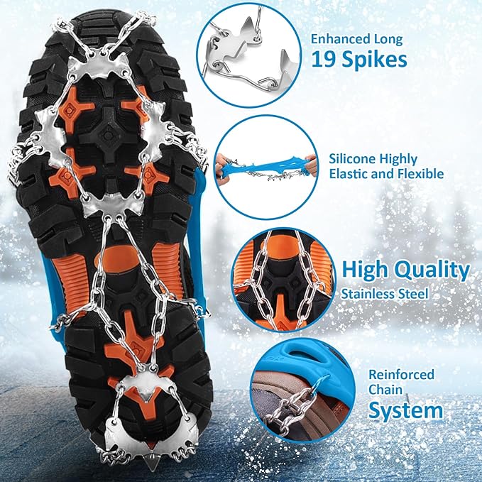 WIN.MAX Crampons for Shoes, Traction Cleats Ice Snow Grips with 19 Stainless Steel Spikes, Shoe Talons Anti - Slip Boots Spikes for Walking, Jogging, Climbing and Hiking