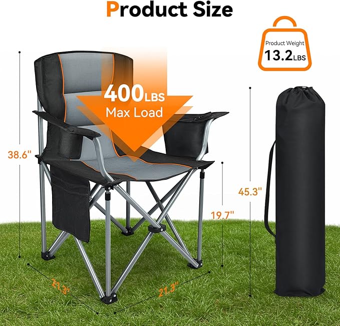 Camping Chairs for Adults Heavy Duty, Oversized Fully Padded Folding Chairs for Outside with Cup Holder, Cooler Bag and Side Pocket, Support 400 Lbs, Versatile for Sports,Outdoors & Lawns