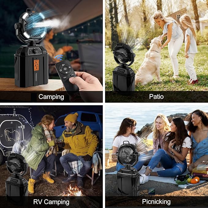 Odoland Portable Camping Fan with LED Light, 30000mAh Rechargeable Battery Operated Oscillating Fan with Remote & Hook, 6L Bucket Misting Fan for Outdoors Patios,Travel,Jobsite, Black