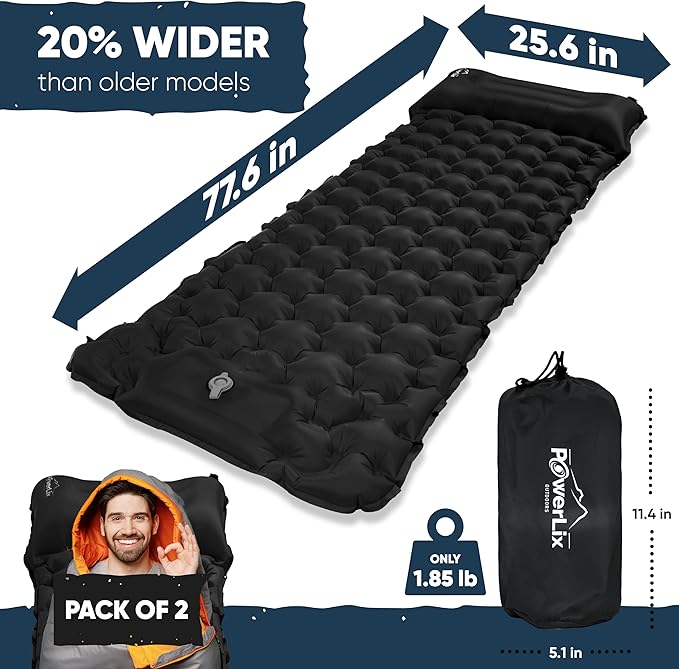 POWERLIX Camping Sleeping Pad 2 Pack, Foot Pump Sleeping Pad for Camping with Built in Pillow, Inflatable Camping Mat, Lightweight Compact Air Mattress Pad for Backpacking Hiking Travelling