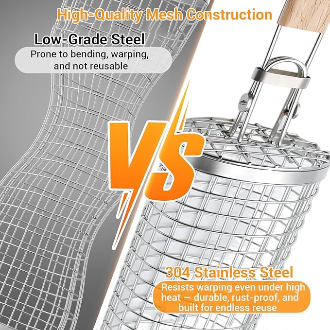 Rolling Grill Basket for Vegetables, Kebabs & Shrimp – 304 Stainless Steel BBQ Accessory with Side-Opening Design, Ideal for Outdoor Cooking & Camping