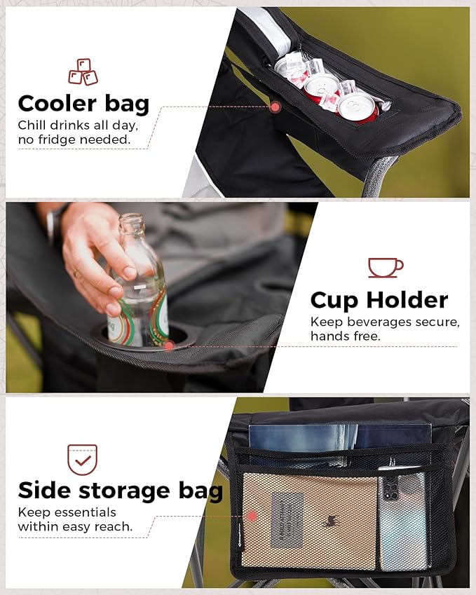 KingCamp Oversized Camping Folding Chair, Heavy Duty 450 LBS with Lumbar Support, Padded seat with Cup Holder&Cooler Bag, Ideal for Camp, Fishing, Sports Event, Backyard, Patio, Lawn