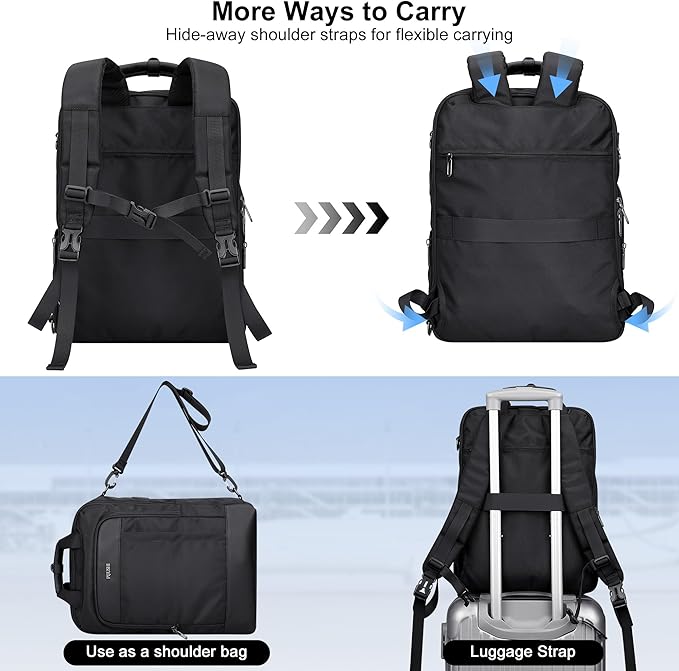 PIJUSHI Laptop Backpack for Women Men Personal Item Travel Backpack Convertible Carry on Bag Flight Approved(PE042 Black)