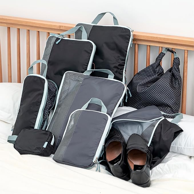 Set of 8 compression packing cubes for travel accessories- Expandable bags for clothing, toiletry, backpacks, organizing essentials (Black & Grey)