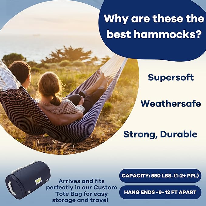 Handwoven Hammock by Yellow Leaf Hammocks - Family Size, Fits 2+ PPL, 550lb max - Weathersafe, Super Strong, Easy to Hang, Ultra Soft, Artisan Made - Color: Stripe Navy Blue - White
