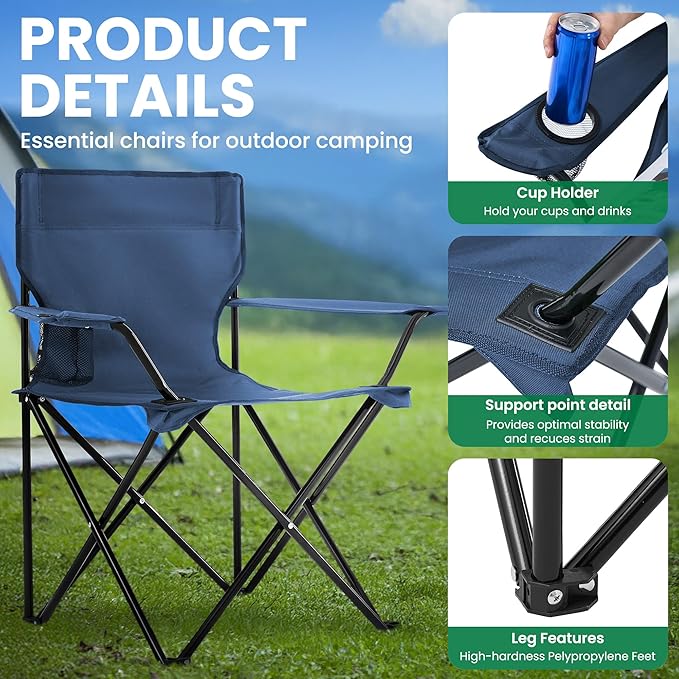 4 Pack Folding Camping Chairs for Adults, Foldable Portable Beach Chairs with Carry Bag & Cup Holder, Compact Design for Camping, Beach, Picnics, and Fishing Supports 300LBS（Navy）