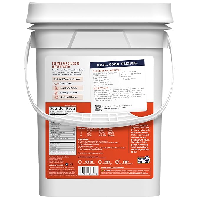 Augason Farms Black Bean Burger Mix 4-Gallon Pail, Certified Gluten Free, Emergency Food Supply, Everyday Meals, 215 Servings
