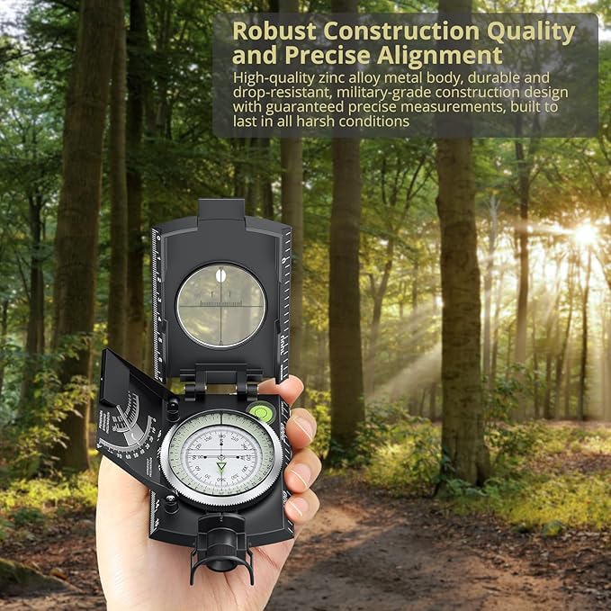 Compass Hiking Survival, IP65 Waterproof Metal Compass with Sighting Clinometer and Carry Bag, Multifunctional, Professional, for Camping Hunting Hiking Navigation