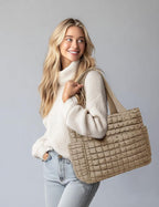 Yarnic Large Puffer Tote Bag for Women, Puffy Shoulder Handbag Quilted Tote Bag with 7 Pockets for Travel Work Gym