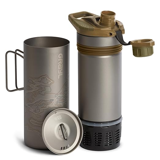 GRAYL GeoPress Titanium 24 oz Water Purifier Bottle with Cooking Lid - Filter for Hiking, Camping, Survival, Travel (Coyote Brown)