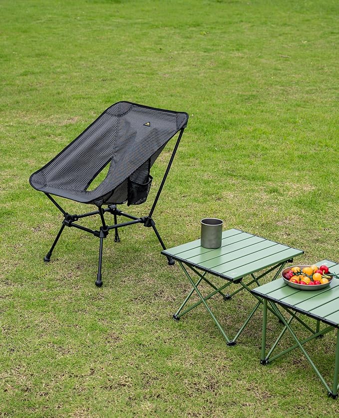 iClimb Ultralight Compact Camping Folding Beach Chair with Anti-Sinking Large Feet and Back Support Webbing (Black Grid - Square Frame - 2PC)