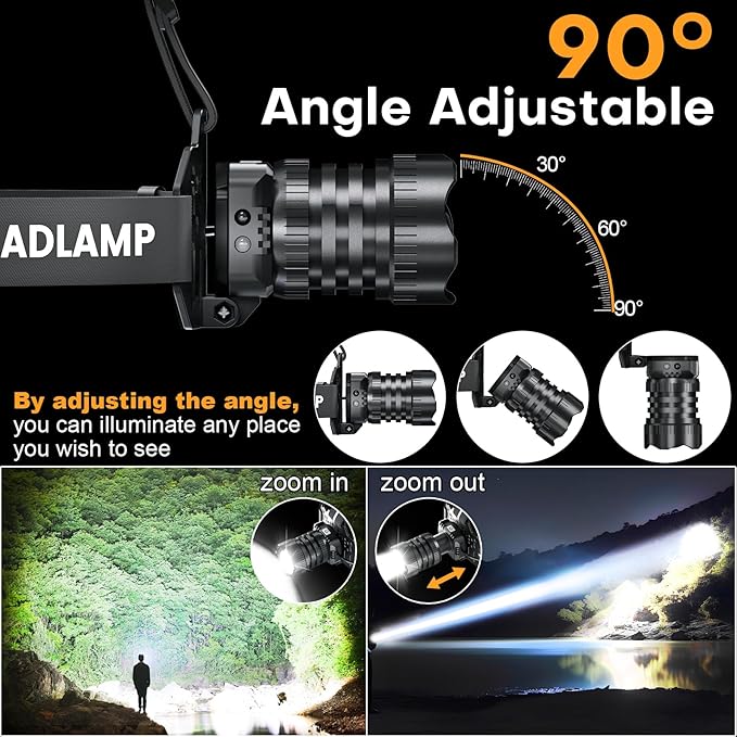 LED Rechargeable Headlamp, Head Lamp Super Bright with 9 Modes & IPX6 Waterproof Zoomable Head Lights for Forehead, 90° Adjustable Headlamps for Camping Hiking Hunting Fishing Car Repair