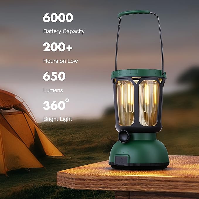Raynic 6000 LED Camping Lantern, 650LM Hand Crank Solar Battery Powered Rechargeable Lantern, Emergency Lights for Home Power Failure, Hurricane, USB Cable Included
