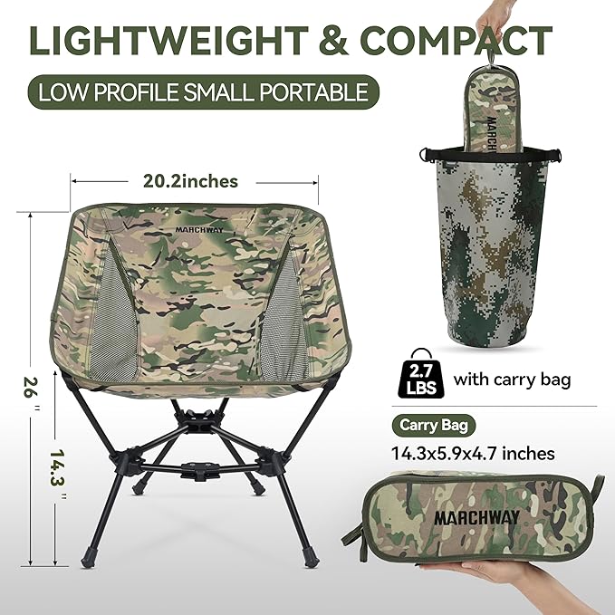 MARCHWAY Lightweight Folding Camping Chair, Portable Foldable Compact for Outdoor Camp, Travel, Beach, Picnic, Festival, Hiking, Backpacking, Supports 330Lbs (Camo)