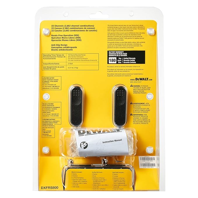 DEWALT DXFRS800 FRS Walkie Talkies Long Range 2 Way Radio, 2 Watt, Waterproof & Rechargeable, 2 Pack