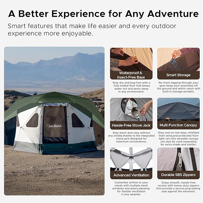 Space Acacia Lite Camping Tent | 2/3/4/8 Person Pop Up Tents for Camping | Lightweight & Durable Beach Tent | Level 7 Wind Resistance, UPF 50+ | Quick Setup for Camping & Backyard