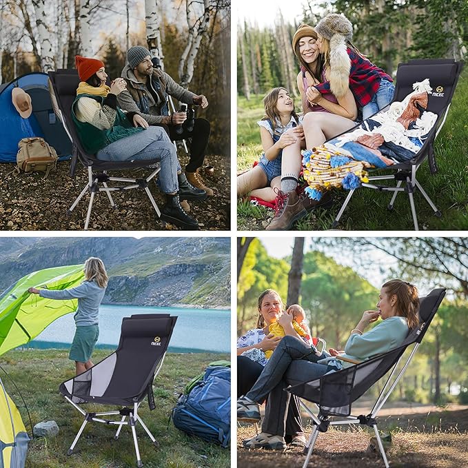Nice C Ultralight High Back Folding Camping Chair, Collapsible Backpacking Chair, Compact & Heavy Duty Outdoor, Travel, Picnic, Festival with 2 Side Pockets, Pillow &Carry Bag (Set of 2 Black)