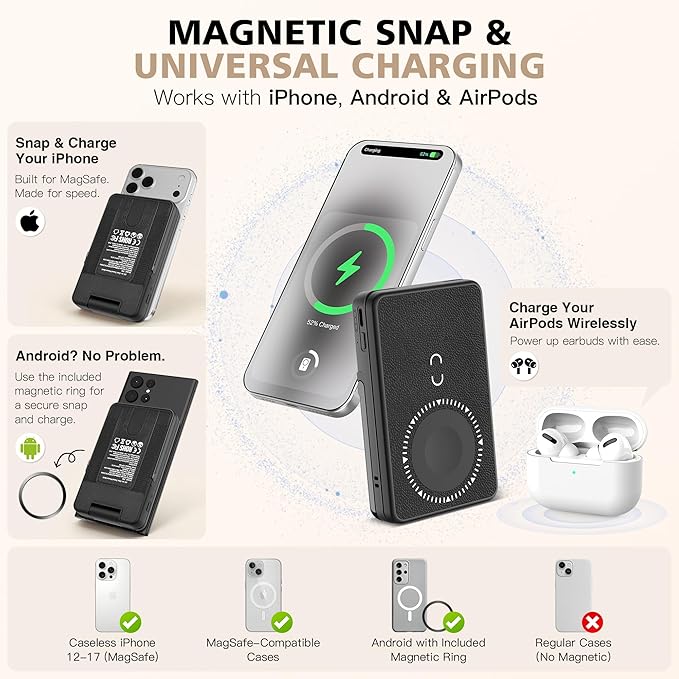 Magnetic Wireless Power Bank, 5000mAh Portable Charger with LED Makeup Mirror & Phone Stand, 20W USB-C Fast Charging Battery Pack for iPhone 17/16/15/14/13/12 Series, Black Butterfly