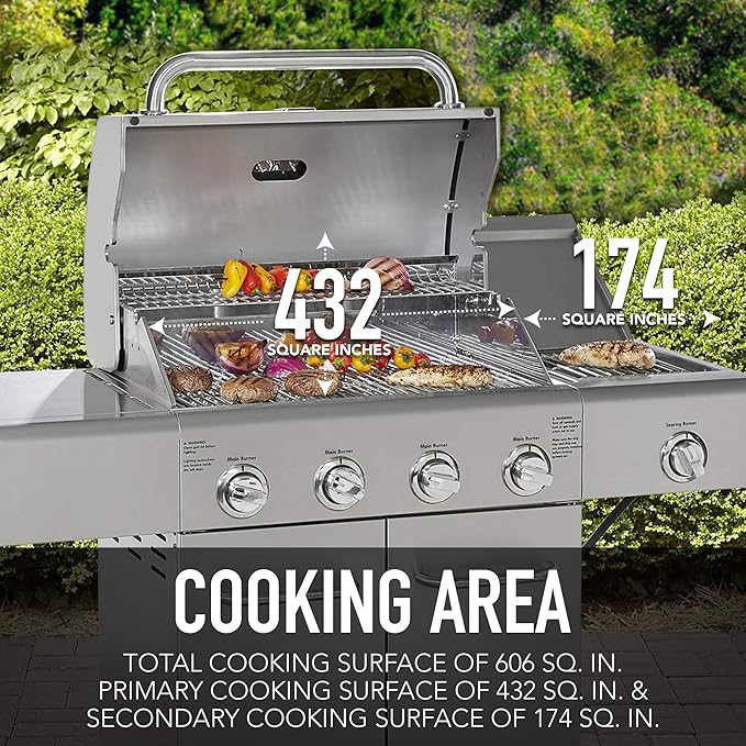 Kenmore 4-Burner BBQ Gas Grill with Searing Side Burner, Stainless Steel Propane Grill, 52,000 BTUs, Cabinet Style, Includes Warming Rack, Electronic Ignition & Stainless Steel Cooking Grates