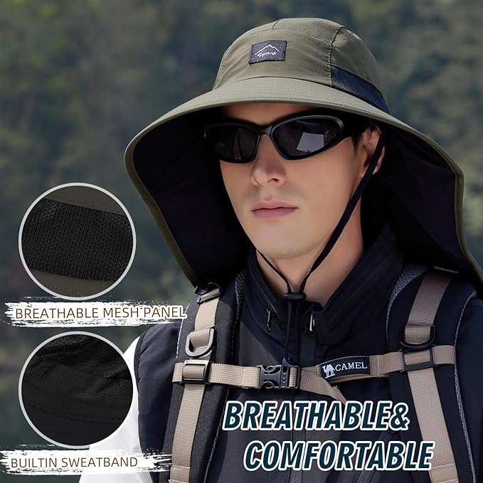 Rosoz Outdoor Sun Hat for Men Women, UPF50+ Protection Safari Cap Wide Brim Mesh Fishing Hat with Neck Flap Beach Garden