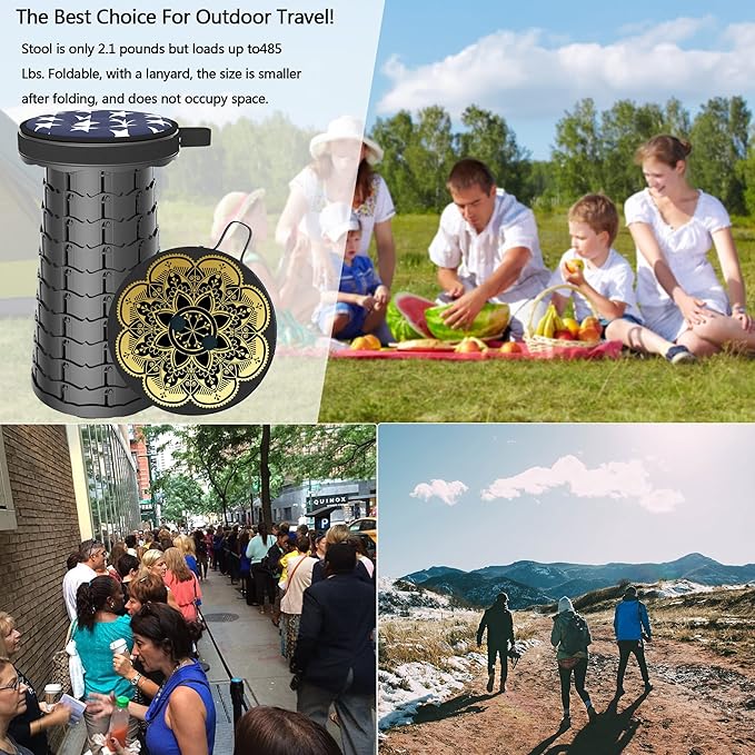 ALEVMOOM Upgraded Telescoping Collapsible Stool with Cushion, Folding Stool with Printing Portable Retractable Foldable Seat Max Load 550lbs for Adults Camping Fishing Outdoor