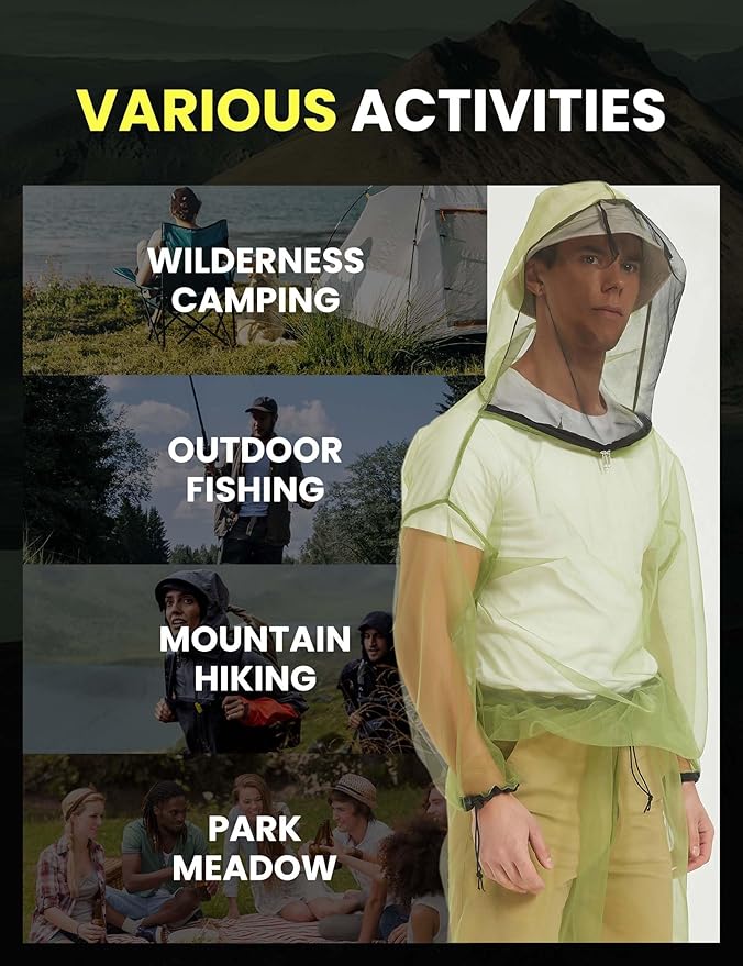 HENNCHEE Mosquito Suits for Adult, Mesh Net Bug Hooded Jacket Pant, Outdoor Full Body Protection Mosquito Proof Clothing