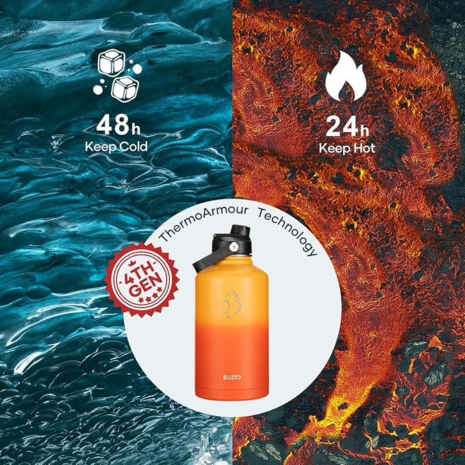 BUZIO 64oz Water Bottle, (Cold for 48 Hrs) Triple Wall Insulated Stainless Steel Leakproof Half gallon Jug/Flask with Straw Lid and Carry Bag for Sports Hiking, Camping, Yellow Orange