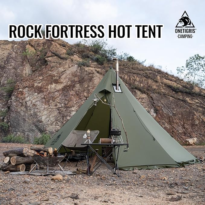 OneTigris Rock Fortress Hot Tent with Stove Jack, 4 Season, 4-6 Person Tipi for Camping, Backpacking, Hunting, Fishing - Waterproof, Wind-Proof