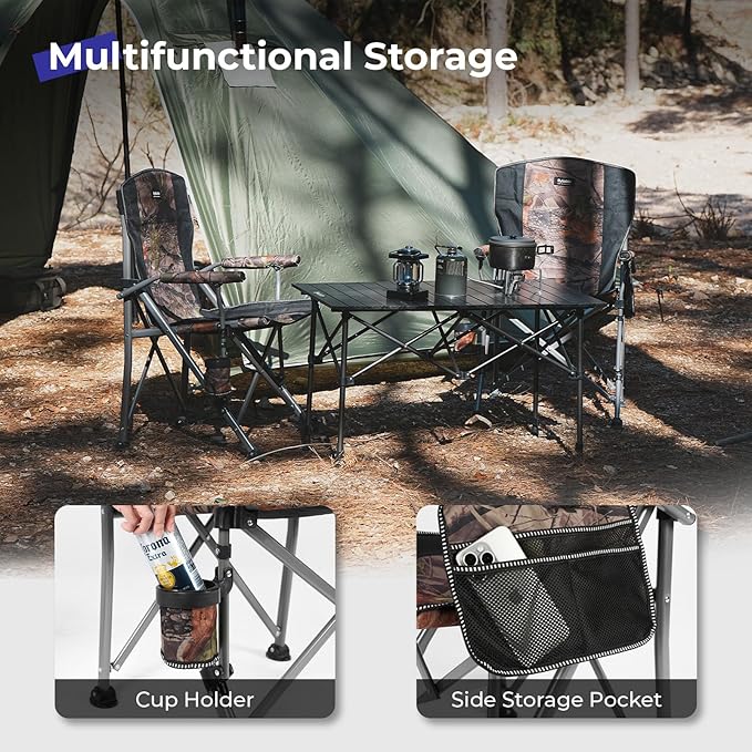 Camping Folding Chair, Heavy Duty Steel Frame Support 400 LBS with Side Pocket and Cup Holder, Portable for Camping, Fishing, Picnic,Camouflage