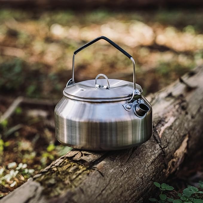 1L Camping Kettle, Portable Camp Tea Coffee Pot, Lightweight Stainless Steel Teapot, Fast Heating Boiling Water, for Outdoor Campfire Hiking Camping Picnic