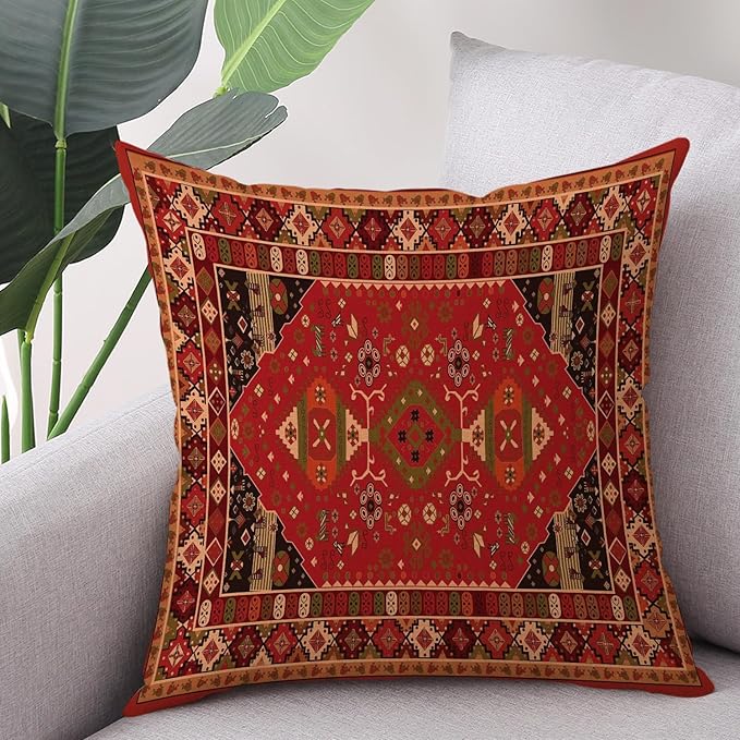 Outdoor Waterproof Pillow Covers 18X18 Inch Set of 2 Bohemian Vintage Carpet Pattern Pillow Covers Ethnic Design Decorative Farmhouse Cushion Case for Couch Red