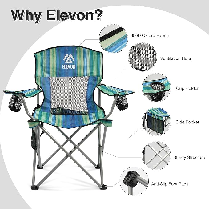 Camping Chair, Portable Folding Outdoor Chair with Arms, Cup Holder and Carry Bag
