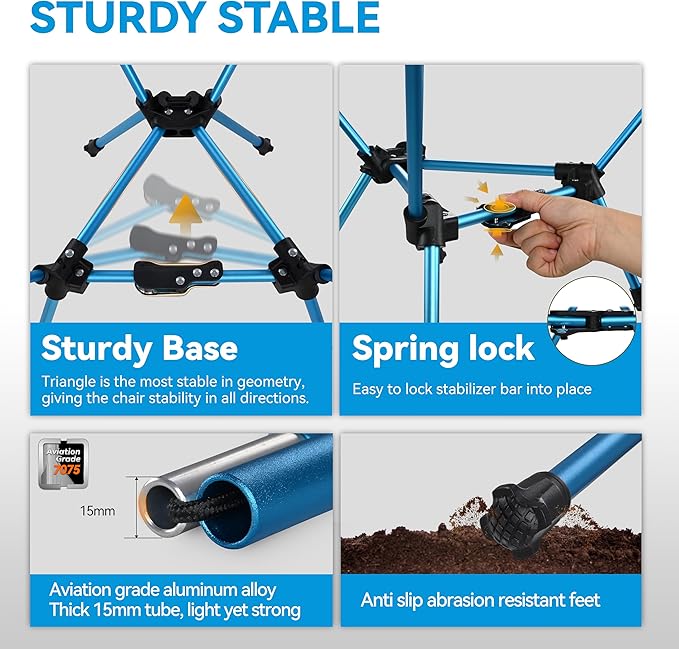 MARCHWAY Lightweight Folding Camping Chair with Spring Lock, Stable Compact Portable for Outdoor Camp, Travel, Beach, Picnic, Festival, Hiking, Backpacking (Lowback Blue)