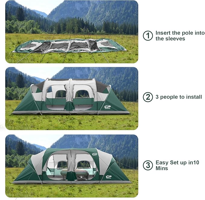 CAMPROS CP Tent 12-Person-Camping-Tents,3 Room Family Tents,Waterproof Windproof Family Tent with Top Rainfly,6 Large Mesh Windows,Double Layer,Easy Set Up, Portable with Carry Bag-20' x 9' x 72"(H)