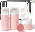 Travel Bottles for Toiletries 2oz 60ml 2 Pack + Cosmetic Jar 40ml 1.35oz Luxury Leather Pattern, Anti-slip Silicone Premium Refillable Bottle Set with Facial Brush for Gym Men Women, Pink