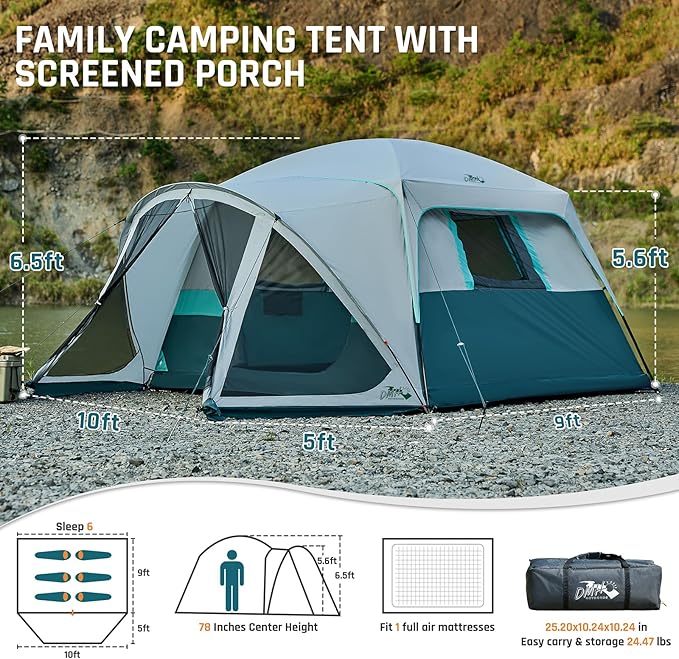 Tents for Camping 6/8/10 Person Camping Tent with Screen Porch, Weatherproof Large Cabin Tent with Rainfly and Carry Bag, Family Tent for Outdoor Camping and Backyard