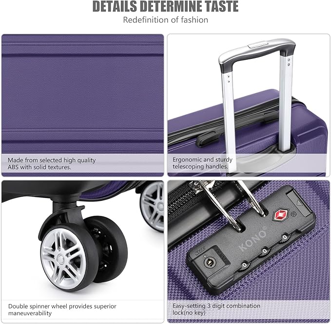 Kono Carry On Luggage Set Lightweight Airline Approved Carry On Suitcase with TSA Lock Spinner Wheels Durable Luggage Hardside Purple