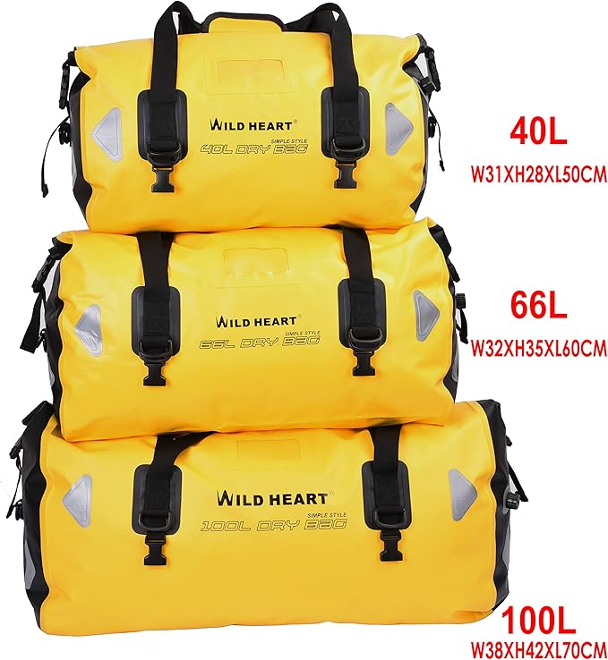 WILD HEART Waterproof Motorcycle Duffel Bag PVC500D Double-bottom With Rope Straps and Inner Pocket 40L 66L 100L for Kayaking, Camping, Boating,Motorcycle