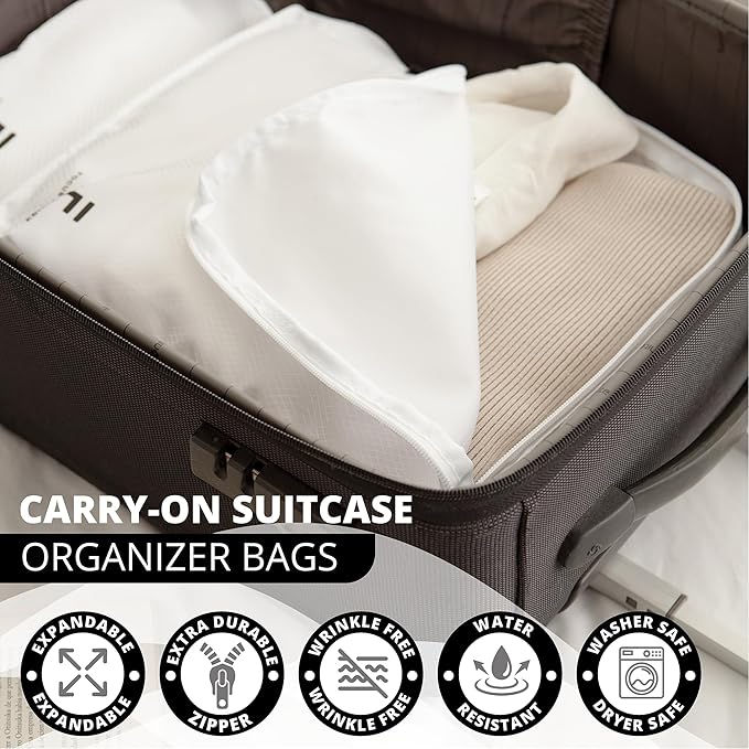 8 Piece Compression Packing Cubes Set - Double Capacity Design for Travel - Small, Medium & Large Sizes - Carry-On Suitcase Organizer Bags (White)
